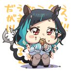  1girl 774_inc. bangs black_hair black_shorts blue_hair blush chibi commentary_request demon_girl demon_horns demon_tail eating fang full_body grey_sweater grey_thighhighs heebee horns long_hair multicolored_hair official_alternate_costume pointy_ears puffy_cheeks red_eyes shishio_chris shorts solo squatting sugar_lyric sweater tail thighhighs translation_request two-tone_hair virtual_youtuber walnut white_background 