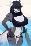  anthro bangs big_breasts black_hair breasts cleavage cleavage_cutout clothed clothing facial_piercing female fish gills grey_body grin hair hair_over_eyes hi_res lip_piercing long_tail marine navel non-mammal_breasts partially_submerged piercing shark smiju smile solo standing swimming_pool teeth thick_tail water wet 