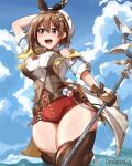  1girl :d atelier_(series) atelier_ryza atelier_ryza_3 bangs breasts brown_eyes brown_gloves brown_hair brown_thighhighs canadiananiguy cowboy_shot day gloves hand_on_headwear hat highres holding holding_staff large_breasts outdoors red_shorts reisalin_stout short_shorts shorts smile solo staff thick_thighs thighhighs thighs walking white_headwear 