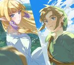  1boy 1girl artist_name bangs blonde_hair blue_eyes blue_sky blunt_bangs blurry blurry_foreground blush breasts brown_hair closed_mouth cloud cloudy_sky commentary day dress earrings english_commentary floating_hair green_headwear green_tunic hair_ribbon hat highres jewelry link long_dress long_hair long_sleeves looking_at_viewer medium_breasts outdoors parted_lips pointy_ears pointy_hat pra_11 princess_zelda purple_eyes purple_ribbon ribbon sailor_collar shirt short_hair shoulder_belt sidelocks signature sky smile the_legend_of_zelda the_legend_of_zelda:_skyward_sword tunic upper_body white_dress white_shirt 