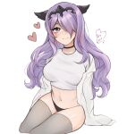  1girl bangs black_jack_(character) black_panties blush camilla_(fire_emblem) crop_top crown fire_emblem fire_emblem_fates hair_over_one_eye highres long_hair looking_at_viewer navel panties purple_eyes purple_hair purrlucii sitting sleeves_past_wrists smile solo thick_thighs thighhighs thighs underwear watermark white_background 