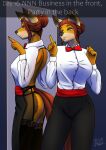  androidz anthro bottomwear bow_tie braless breasts canid canine canis clothed clothing domestic_dog dress_pants dress_shirt english_text garter_belt garter_straps gynomorph hair hair_bun hi_res intersex legwear mammal mel(androidz) meme meme_clothing mirror nipple_outline shirt simple_background solo text thigh_highs topwear trans_(lore) trans_woman_(lore) underwear 