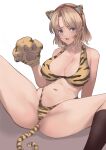  1girl :o absurdres anal anal_object_insertion anal_tail animal_ears animal_hands animal_print arm_support blonde_hair blue_eyes blush breasts chinese_zodiac fake_animal_ears fake_tail gloves hairband highres large_breasts navel object_insertion original paw_gloves ryu_insect sitting tail tiger_ears tiger_print tiger_tail year_of_the_tiger 