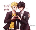  ! !! 2boys amamiya_ren artist_name belt belt_buckle black_hair blonde_hair blush brown_eyes buckle crazyanime3 english_text facing_viewer glasses grin heart heart_hands highres hug jacket long_sleeves male_focus multiple_boys one_eye_closed open_clothes open_jacket persona persona_5 sakamoto_ryuuji short_hair shuujin_academy_uniform smile sweatdrop tearing_up teeth upper_body white_background white_belt 