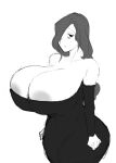  1girl areola_slip ass bags_under_eyes black_dress black_hair breasts cleavage dress fujou_joshi gigantic_breasts greyscale hair_over_one_eye huge_ass long_hair looking_at_viewer monochrome original simple_background solo strapless white_background 