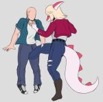  5_fingers anon_(snoot_game) anthro attack bald belt blonde_hair boots bottomwear clothed clothing crotch_attack crotch_kick denim denim_clothing dinosaur duo faceless_character faceless_human faceless_male female fingers fist footwear furgonomic_bottomwear furgonomics genital_torture hadrosaurid hair human i_wani_hug_that_gator jacket jeans kick long_tail male mammal mia_(iwhtg) open_clothing open_jacket open_topwear ornithischian pants parasaurolophus plantigrade rear_view reptile scalie shirt shoes snoot_game_(fan_game) spikes spikes_(anatomy) topwear torn_bottomwear torn_clothing torn_jeans torn_pants unknown_artist 
