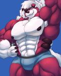  2022 4:5 anthro blue_background blue_clothing blue_underwear bulge canid canine canis cellphone clothing fur generation_7_pokemon geodani hi_res lycanroc male mammal midnight_lycanroc muscular muscular_male nintendo nipples phone pokemon pokemon_(species) red_body red_eyes red_fur red_sclera selfie simple_background smartphone solo underwear video_games white_body white_fur white_tail wolf 