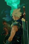  2boys arm_tattoo armor bandaged_arm bandages bare_shoulders barret_wallace belt black_hair blonde_hair blue_shirt buster_sword buzz_cut cloud_strife dark-skinned_male dark_skin facing_away final_fantasy final_fantasy_vii grey_vest holding holding_sword holding_weapon lanimalu male_focus meteor multiple_boys muscular muscular_male prosthetic_weapon shirt short_hair shoulder_armor sleeveless sleeveless_turtleneck spiked_hair suspenders sword tattoo torn_clothes torn_sleeves turtleneck upper_body very_short_hair vest weapon 