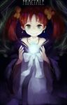  1girl bangs bow brown_hair copyright_name dark_background dress earrings flower fractale green_eyes hair_flower hair_ornament jewelry looking_at_viewer moyuvvx necklace nessa_(fractale) parted_bangs purple_dress short_twintails solo twintails white_bow wide_sleeves 