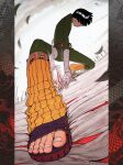  1boy bandaged_arm bandaged_hand bandages bangs belt black_hair blunt_bangs blunt_ends bodysuit bowl_cut dragon eastern_dragon falling_leaves feet foot_focus foreshortening full_body green_bodysuit highres leaf leg_warmers long_sleeves looking_at_viewer lunging male_focus mochi_mochi_island naruto_(series) one_knee perspective pillarboxed red_belt rock_lee sandals short_hair solo thick_eyebrows toeless_footwear turtleneck weights wide-eyed 