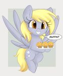  absurd_res blonde_hair chest_tuft cutie_mark derpy_hooves_(mlp) digital_media_(artwork) equid equine eyelashes feathered_wings feathers female feral flying food friendship_is_magic fur grey_body grey_feathers grey_fur hair hasbro hi_res illusion_(artist) inner_ear_fluff mammal muffin my_little_pony pegasus plate smile spread_wings tuft wings yellow_eyes 