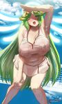  1girl absurdres awesomeerix bare_shoulders breasts forehead_jewel green_hair hand_on_own_knee highres kid_icarus large_breasts laurel_crown long_hair midriff one_eye_closed open_mouth palutena solo sportswear super_smash_bros. sweat tennis_uniform tiara underboob very_long_hair 