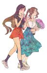  2girls aerith_gainsborough alternate_costume aqua_skirt backpack bag bangs black_hair black_shirt bouquet bracelet braid braided_ponytail breasts brown_hair cup drinking drinking_straw earrings final_fantasy final_fantasy_vii final_fantasy_vii_remake floral_print flower full_body green_eyes hair_tie highres holding holding_bouquet holding_cup jewelry lanimalu locked_arms long_bangs long_hair long_skirt looking_to_the_side low-tied_long_hair medium_breasts miniskirt multiple_girls necklace parted_bangs parted_lips print_skirt purple_flower red_eyes red_skirt shirt shoes short_sleeves skirt sleeveless sleeveless_shirt smile sneakers spilling swept_bangs teeth tifa_lockhart walking watch wavy_hair white_background white_shirt wristwatch 