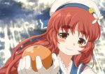  1girl bangs blue_sailor_collar blush_stickers brown_eyes cloud cloudy_sky commentary_request day flower food fruit gloves hair_flower hair_ornament harukaze_unipo hat holding holding_food holding_fruit kantai_collection long_hair looking_at_viewer orange_(fruit) outdoors parody red_hair sailor_collar sailor_hat sky smile solo upper_body white_flower white_gloves white_headwear yashiro_(kancolle) yellow_flower 