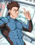  1boy abs artist_name biceps blurry blurry_background bodysuit brown_hair diarmuid_ua_duibhne_(lancer)_(fate) dumbbell fate/zero fate_(series) feet_out_of_frame gym gym_uniform highres long_hair looking_at_viewer male_focus manly mature_male muscular muscular_male pectorals smile solo spiked_hair sweat sweatdrop teeth tight twitter_username upper_body v yaekaidou yellow_eyes 