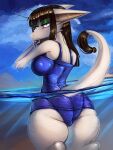  2022 3:4 anthro big_butt blue_one-piece_swimsuit breasts brown_hair butt butt_pose cheek_tuft clothing day digital_media_(artwork) eyeshadow facial_tuft female fingerpads fur general-irrelevant green_eyeshadow grey_body grey_fur hair hi_res looking_at_viewer looking_back looking_back_at_viewer makeup mammal one-piece_swimsuit out-of-placers outside partially_submerged pawpads pose raised_tail rear_view solo swimwear tail_tuft thick_thighs tuft vizlet water webcomic wet wet_body wet_fur yinglet 