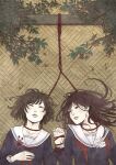  2girls against_wall bamboo bamboo_screen bangs black_eyes black_serafuku blue_serafuku bound bound_wrists branch brown_background brown_hair closed_eyes collarbone floating_hair flower foliage hand_on_own_chest hanged holding holding_flower holding_hands implied_suicide leaf leaning lips long_hair long_sleeves looking_at_another looking_to_the_side medium_hair multiple_girls muted_color neckerchief noose original pale_skin parted_bangs parted_lips plant purple_flower red_neckerchief rope sadie322 school_uniform serafuku short_hair sleeve_cuffs suicide untied wooden_wall yuri 