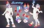  absurd_res anthro big_feet big_penis blue_fire colored_fire eyewear feet fire generation_8_pokemon genitals glasses hi_res loonyellie male model_sheet nintendo penis pokemon pokemon_(species) scorbunny solo sunny_flowers tattoo video_games 