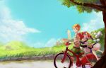  1boy 1girl bicycle blonde_hair blue_sky clain_(fractale) day dress flower fractale grass green_shorts ground_vehicle hair_flower hair_ornament hill moyuvvx nessa_(fractale) outdoors red_hair rock sandals scenery short_hair shorts sky tree twintails walking windmill 