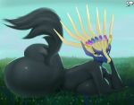  absurd_res anthro antlers big_breasts big_butt black_body black_fur blue_body blue_eyes blue_fur breast_squish breasts butt cervid female fur gem generation_6_pokemon grass grass_field hi_res horn huge_butt kyuq legendary_pokemon looking_at_viewer lying_on_ground mammal nintendo nude plant pokemon pokemon_(species) solo squish tail video_games xerneas 