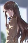  1girl absurdres bangs blue_bow bow brown_hair fate/extra fate_(series) highres kamehito kishinami_hakuno_(female) long_hair looking_at_viewer looking_back school_uniform smile solo tsukumihara_academy_uniform_(fate/extra) yellow_eyes 