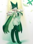  1girl absurdres animal_hands body_fur breasts claws furry furry_female green_fur green_hair highres large_breasts meowscarada pawpads pokemon pokemon_(creature) pokemon_(game) pokemon_sv smile standing tail treyer 