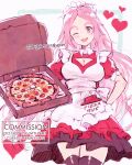  1girl ;d apron black_thighhighs breasts cleavage cleavage_cutout clothing_cutout commission copyright_request dress english_text food frilled_apron frills grey_background grey_eyes heart long_hair looking_at_viewer maid_headdress medium_breasts numbers_(pigpenandpaper) one_eye_closed pink_hair pizza pizza_box pizza_hut pizza_slice puffy_short_sleeves puffy_sleeves red_dress short_sleeves simple_background smile solo thick_eyebrows thighhighs twitter_username very_long_hair watermark white_apron 