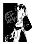  1boy bandaged_hand bandages bangs belt black_belt black_hair blunt_ends bowl_cut chinese_clothes cow greyscale hand_on_hip headband high_contrast highres holding holding_nunchaku holding_weapon long_sleeves looking_to_the_side male_focus mochi_mochi_island monochrome naruto_(series) nunchaku parted_bangs rock_lee short_hair solo standing thick_eyebrows weapon white_background white_headband 