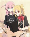  2girls :&gt; black_shirt blonde_hair blue_eyes blush bocchi_the_rock! hair_between_eyes hair_ornament hitori_bocchi holding holding_menu ijichi_nijika leaning long_hair menu multiple_girls open_mouth overalls pink_hair ponytail red_eyes red_ribbon restaurant ribbon shiroshi_(denpa_eshidan) shirt smile 