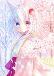  1girl bangs bare_tree blue_eyes blush cherry_blossoms crying flower folding_fan grass hair_flower hair_ornament hakama hakama_skirt hand_fan hane. haori heterochromia highres japanese_clothes kimono long_hair original parted_lips pink_eyes seasons skirt snowing snowman solo spring_(season) tears tree white_hair wind winter 