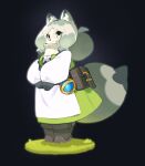  1girl animal_ear_fluff animal_ears animal_nose apron bangs black_background blue_gemstone body_fur boots breasts brown_footwear chinese_commentary closed_mouth commentary_request dress fox_ears fox_girl fox_tail full_body fur_collar furry furry_female gem grass green_dress grey_eyes grey_hair happy highres large_tail legs_together long_hair long_sleeves looking_at_viewer multicolored_hair oraingen original own_hands_together parted_bangs pouch puffy_long_sleeves puffy_sleeves raglan_sleeves sidelocks simple_background small_breasts smile solo standing tail v_arms waist_apron white_apron white_fur white_hair white_sleeves 