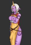  absurd_res areola big_breasts big_bulge big_penis breasts bulge clothing dress erection genitals grey_background gynomorph hair hi_res horn horned_humanoid humanoid humanoid_pointy_ears intersex league_of_legends long_hair looking_at_viewer nipples open_mouth penis purple_body purple_skin riot_games simple_background smecklesn solo soraka standing tattoo tongue video_games white_hair wide_hips yellow_eyes 