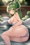  1girl ass bangs bare_arms bare_legs bare_shoulders blush breasts cameltoe commentary feet_out_of_frame fire_emblem fire_emblem_awakening green_eyes green_hair highres large_breasts leonmandala long_hair looking_at_viewer lying on_side onsen pointy_ears ponytail rock solo thick_thighs thighs tiki_(fire_emblem) water 