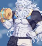  1boy abs bara beard biceps blue_background blue_eyes blush bracelet colored_skin dumbbell facial_hair fate/grand_order fate_(series) feet_out_of_frame gym_uniform hand_on_hip highres jacket jewelry large_pectorals long_hair male_focus manly mature_male muscular muscular_male one_eye_closed pectorals shorts simple_background smile solo sweat sweatdrop thick_arms thick_eyebrows tight towel towel_around_neck white_hair white_skin yaekaidou zeus_(fate) 