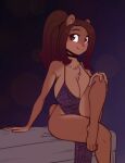  anthro big_breasts breasts brown_body brown_fur brown_hair clothing dress female fur hair hi_res huge_breasts mammal scorpdk sitting smile solo ursid 