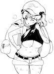  1girl absurdres backpack bag belt breasts clothes_lift cowboy_shot flat_cap hair_bobbles hair_ornament hat highres himajin_noizu holding holding_wrench kawashiro_nitori large_breasts lifted_by_self looking_at_viewer monochrome navel one_eye_closed shirt_lift short_shorts shorts simple_background solo standing sweat tank_top touhou two_side_up underboob wrench 