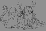  antlers artist_name big_breasts breast_squish breasts digital_drawing_(artwork) digital_media_(artwork) eyebrows female fungus grey_background hair horn humanoid long_hair long_tail looking_at_viewer lying monochrome mushroom nude on_front onigiriad scales simple_background sketch solo squish thick_thighs 