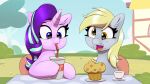  2020 absurd_res beverage blonde_hair blue_eyes blush chair container cup derp_eyes derpy_hooves_(mlp) digital_media_(artwork) drinking equid equine eyelashes female feral food friendship_is_magic furniture grey_body hair hasbro hi_res horn horse inner_ear_fluff looking_down mammal muffin my_little_pony open_mouth open_smile outside pabbley pink_body pony purple_hair sitting smile starlight_glimmer_(mlp) straw tea tuft unicorn unicorn_horn yellow_eyes 