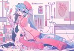  1girl aqua_eyes aqua_hair bandaged_arm bandages bandaid_on_wrist boots breasts diagram full_body hair_between_eyes hat hatsune_miku highres holding holding_syringe infirmary intravenous_drip long_hair looking_at_viewer nurse nurse_cap open_mouth pill pill_bottle pink_headwear pink_shirt red_footwear renzhi00334233 scissors shirt short_sleeves sitting small_breasts smile solo stethoscope syringe thermometer thigh_boots twintails vocaloid 