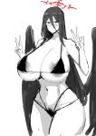  1girl areola_slip ass bikini black_hair black_wings blue_archive blush breasts double_v fujou_joshi hair_between_eyes halo hasumi_(blue_archive) highres huge_ass huge_breasts long_hair looking_at_viewer midriff monochrome pubic_hair red_eyes simple_background solo sweat swimsuit v white_background wings 