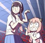  2girls @_@ anya_(spy_x_family) black_hair commentary crying crying_with_eyes_open endou_tatsuya hairband hairpods highres mother_and_daughter multiple_girls open_mouth paw_pose pink_hair pleated_skirt shirt skirt snot spy_x_family t-shirt tears wavy_eyes wavy_mouth white_hairband yor_briar 
