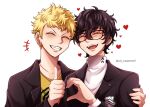  2boys ^_^ amamiya_ren artist_name black_hair blonde_hair blush closed_eyes crazyanime3 english_commentary facing_viewer glasses grin heart heart_hands_failure highres hug jacket male_focus multiple_boys open_clothes open_jacket open_mouth persona persona_5 sakamoto_ryuuji school_uniform shirt short_hair shuujin_academy_uniform smile teeth thumbs_up upper_body white_background yellow_shirt 