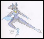  anthro biped black_border border clothed clothing costume female fighting_pose generation_4_pokemon kick lucario nintendo pokemon pokemon_(species) pokemorph pose red_eyes reddragonkan solo traditional_media_(artwork) video_games 