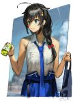  1girl 9-ga ahoge bag bangs black_hair blue_eyes blue_necktie bottle braid breast_pocket breasts cloud commentary_request hair_between_eyes hair_flaps hair_ornament hair_over_shoulder hair_ribbon highres holding holding_bag holding_bottle kantai_collection long_hair necktie official_alternate_costume outdoors pocket red_ribbon ribbon shigure_(kancolle) shigure_kai_ni_(kancolle) shirt single_braid skirt sky sleeveless sleeveless_shirt smile solo white_shirt 