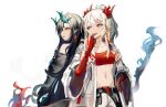  2girls :d arknights bandeau bangs bare_shoulders bead_bracelet beads belt black_belt black_hair black_jacket bracelet coat commentary dusk_(arknights) hand_up horns jacket jewelry kyushi_(user_41158199) long_hair long_sleeves looking_to_the_side midriff multicolored_hair multiple_girls navel nian_(arknights) open_clothes open_coat open_mouth orange_eyes pointy_ears purple_eyes red_hair siblings simple_background sisters smile stomach strapless streaked_hair tube_top upper_body very_long_hair white_background white_coat white_hair wide_sleeves 