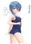  1girl adjusting_clothes adjusting_swimsuit asymmetrical_hair blue_eyes blue_hair commentary_request competition_school_swimsuit cowboy_shot from_behind highres ishida_arata kantai_collection looking_at_viewer looking_back minazuki_(kancolle) one-piece_swimsuit school_swimsuit short_hair_with_long_locks simple_background solo swimsuit translation_request twitter_username white_background white_one-piece_swimsuit 
