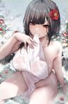  1girl bangs black_hair blurry blurry_background breasts collarbone danimaru feet_out_of_frame flower hair_flower hair_ornament hand_on_own_chest highres large_breasts looking_at_viewer naked_towel nude onsen original outdoors red_eyes short_hair snow solo thighs towel wet 