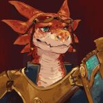  2021 absurd_res ambiguous_gender anthro armor babanasaur blue_clothing blue_topwear breastplate bust_portrait clothing eyewear eyewear_on_head goggles goggles_on_head green_eyes hi_res jacket kobold looking_forward markings portrait red_background red_body red_scales scale_markings scales scalie signature simple_background solo spaulder topwear white_body white_scales 