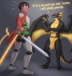  anthro black_hair clothed clothing colored daf dialogue dragon duo english_text hair hi_res human knight magic male mammal melee_weapon multicolored_body sword text two_tone_body warrior weapon 