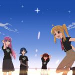  4girls absurdres bangs black_shirt black_skirt blonde_hair blue_eyes blue_hair bocchi_the_rock! bow cube_hair_ornament gotou_hitori green_eyes grey_pants hair_between_eyes hair_ornament highres ijichi_nijika kita_ikuyo long_hair looking_at_viewer multiple_girls one_side_up pants pink_hair pleated_skirt red_hair saku_pjs shirt side_ponytail sidelocks skirt sky smile star_(sky) white_skirt yamada_ryou 